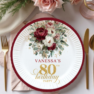 Luxury Deep Red Floral Gold 80th Birthday Paper  Plate