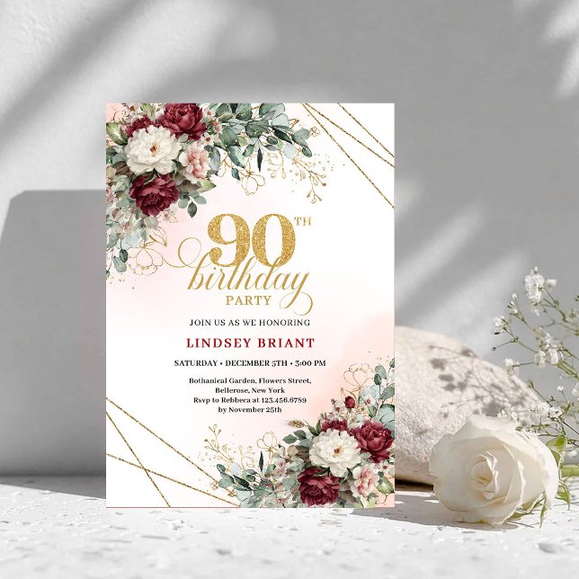 Luxury Deep Red Floral Gold 90th Birthday Invite (Luxury Deep Red Floral Gold 90th Birthday Invitation)
