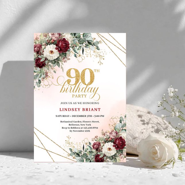 Luxury Deep Red Floral Gold 90th Birthday Invite (Luxury Deep Red Floral Gold 90th Birthday Invitation)