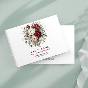 Luxury Deep Red Flowers Eucalyptus Gold Guest Book