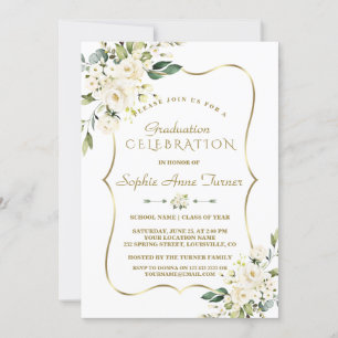 Luxury Delicate White Floral Gold Graduation Party Invitation