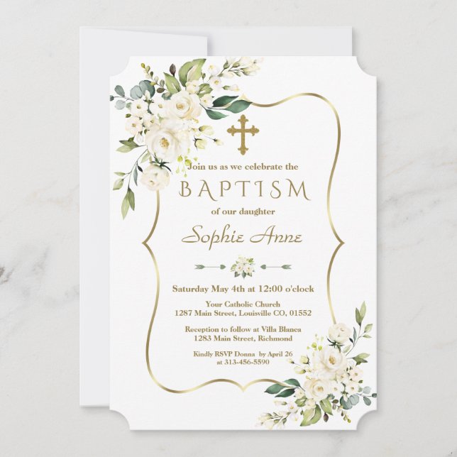 Luxury Delicate White Flowers Gold Cross Baptism Invitation (Front)