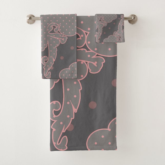 Luxury design, floral pattern, grey, dusty pink bath towel set (Insitu)