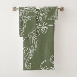 Luxury design, floral pattern, olive green, white bath towel set