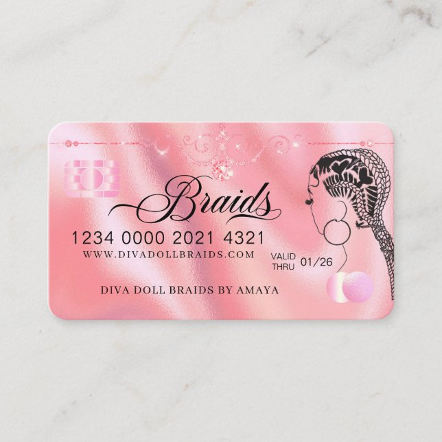 Luxury Diamond Foil Hair Braiding Credit Style Bus Business Card (Front)