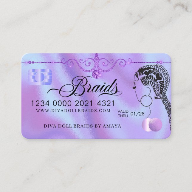 Luxury Diamond Foil Hair Braiding Credit Style Bus Business Card (Front)