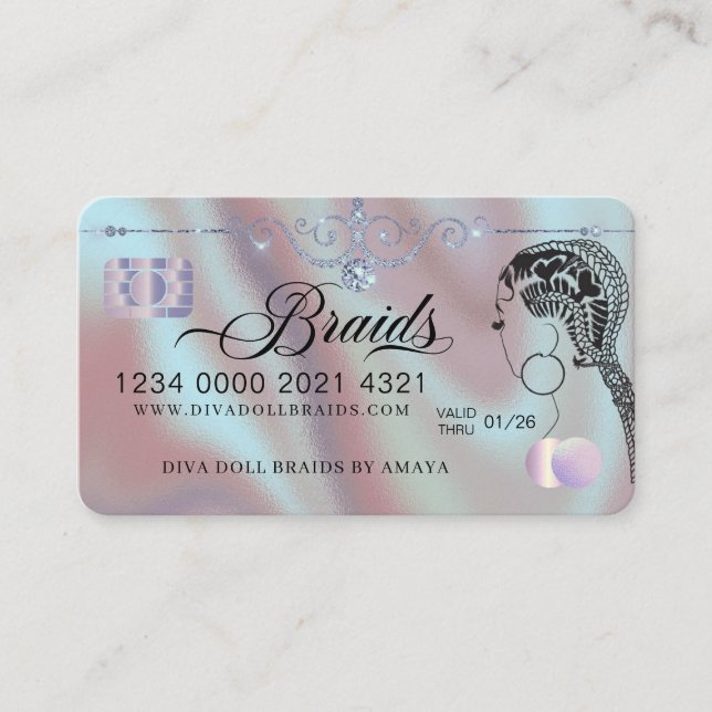 Luxury Diamond Foil Hair Braiding Credit Style Business Card (Front)
