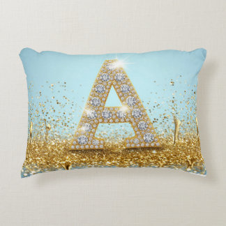 Luxury Diamond Letter A on Gold Glitter Background Decorative Cushion