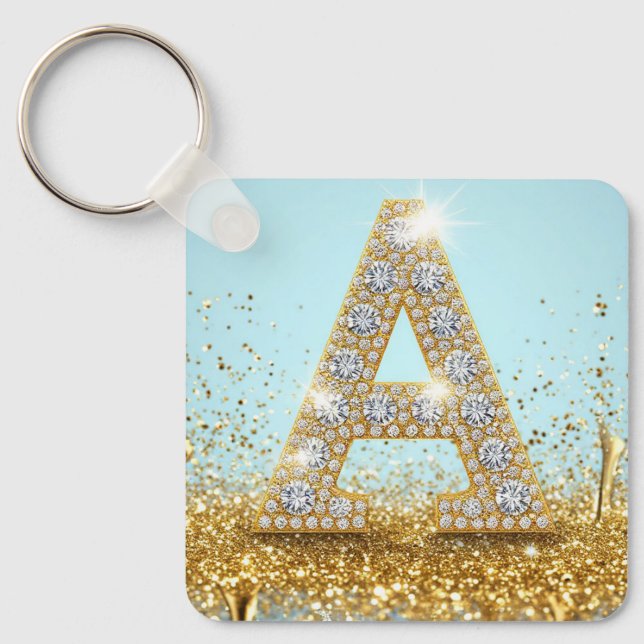 Luxury Diamond Letter A on Gold Glitter Background Key Ring (Front)