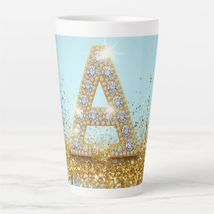 Luxury Diamond Letter A on Gold Glitter Background Latte Mug