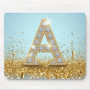 Luxury Diamond Letter A on Gold Glitter Background Mouse Pad
