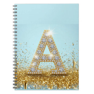 Luxury Diamond Letter A on Gold Glitter Background Notebook