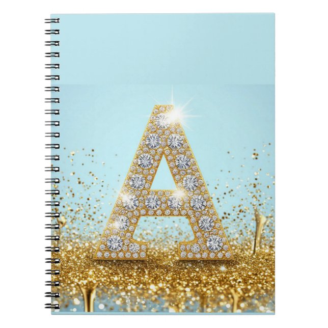 Luxury Diamond Letter A on Gold Glitter Background Notebook (Front)