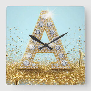 Luxury Diamond Letter A on Gold Glitter Background Square Wall Clock