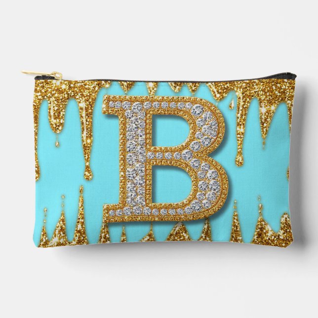 Luxury Diamond Letter B on Gold Glitter Background Accessory Pouch (Front)