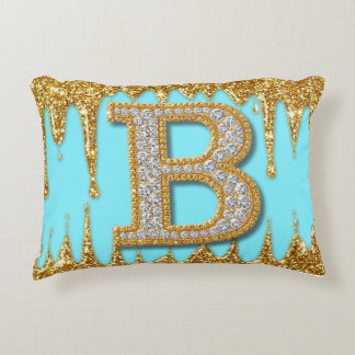 Luxury Diamond Letter B on Gold Glitter Background Decorative Cushion
