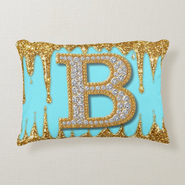 Luxury Diamond Letter B on Gold Glitter Background Decorative Cushion (Front)