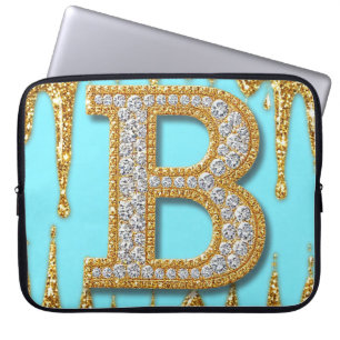Luxury Diamond Letter B on Gold Glitter Background Laptop Sleeve