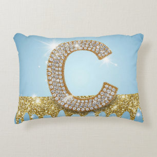 Luxury Diamond Letter C on Gold Glitter Background Decorative Cushion