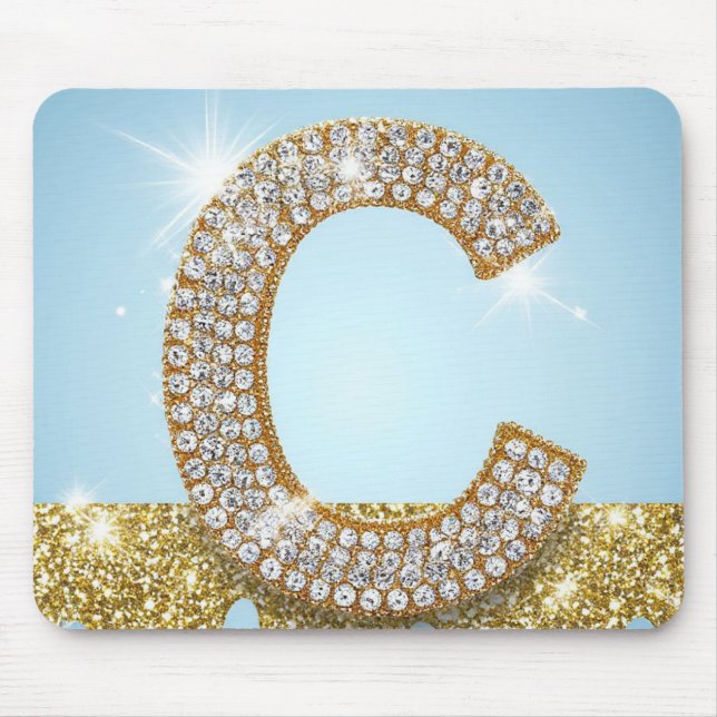 Luxury Diamond Letter C on Gold Glitter Background Mouse Pad (Front)