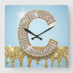 Luxury Diamond Letter C on Gold Glitter Background Square Wall Clock