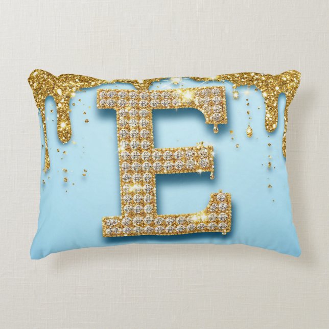 Luxury Diamond Letter E on Gold Glitter Background Decorative Cushion (Front)