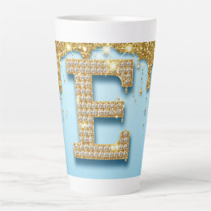 Luxury Diamond Letter E on Gold Glitter Background Latte Mug