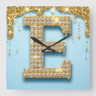 Luxury Diamond Letter E on Gold Glitter Background Square Wall Clock