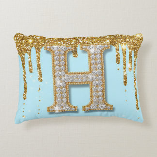 Luxury Diamond Letter H on Gold Glitter Background Decorative Cushion