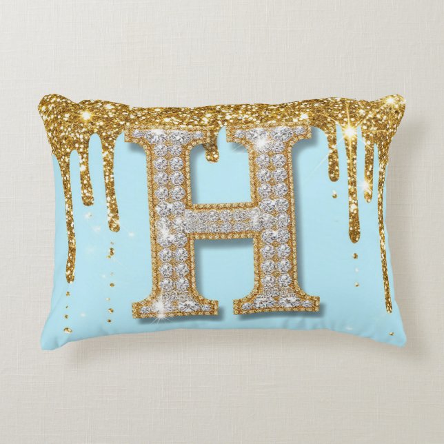 Luxury Diamond Letter H on Gold Glitter Background Decorative Cushion (Front)