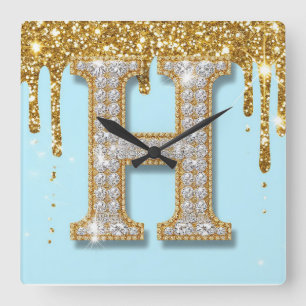 Luxury Diamond Letter H on Gold Glitter Background Square Wall Clock