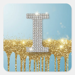Luxury Diamond Letter I on Gold Glitter Background Square Sticker