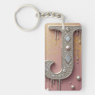 Luxury Diamond Letter J Monogram With Gold Drips Key Ring