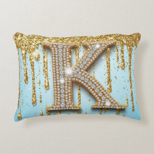 Luxury Diamond Letter K on Gold Glitter Background Decorative Cushion
