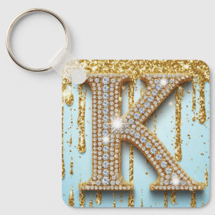 Luxury Diamond Letter K on Gold Glitter Background Key Ring
