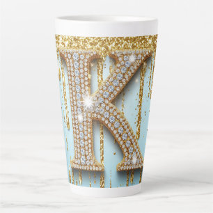 Luxury Diamond Letter K on Gold Glitter Background Latte Mug