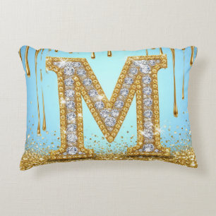 Luxury Diamond Letter M on Gold Glitter Background Decorative Cushion