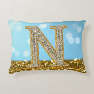 Luxury Diamond Letter N on Gold Glitter Background Decorative Cushion
