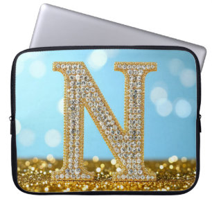 Luxury Diamond Letter N on Gold Glitter Background Laptop Sleeve