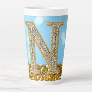 Luxury Diamond Letter N on Gold Glitter Background Latte Mug