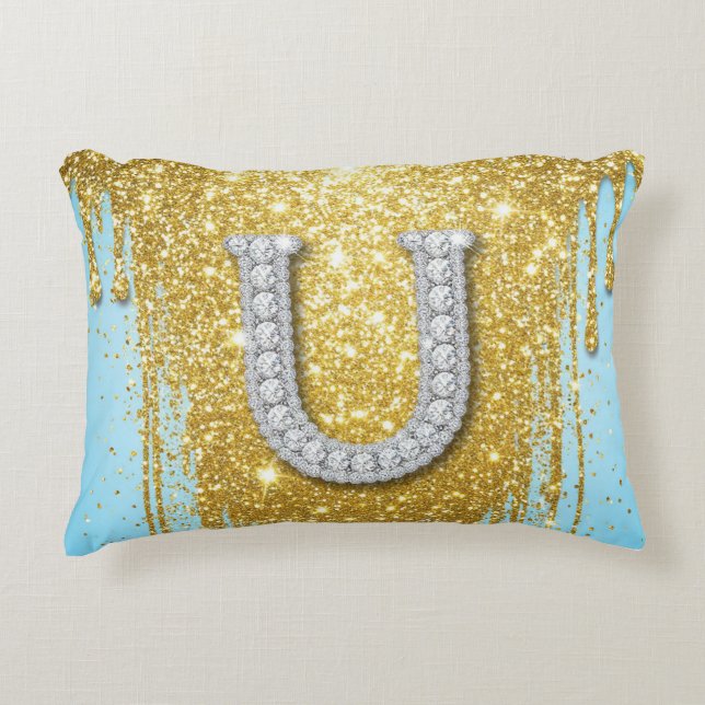 Luxury Diamond Letter U on Gold Glitter Background Decorative Cushion (Front)
