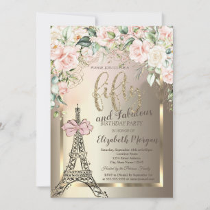 Luxury Diamonds Eiffel Tower,Pink Bow Roses 50th Invitation