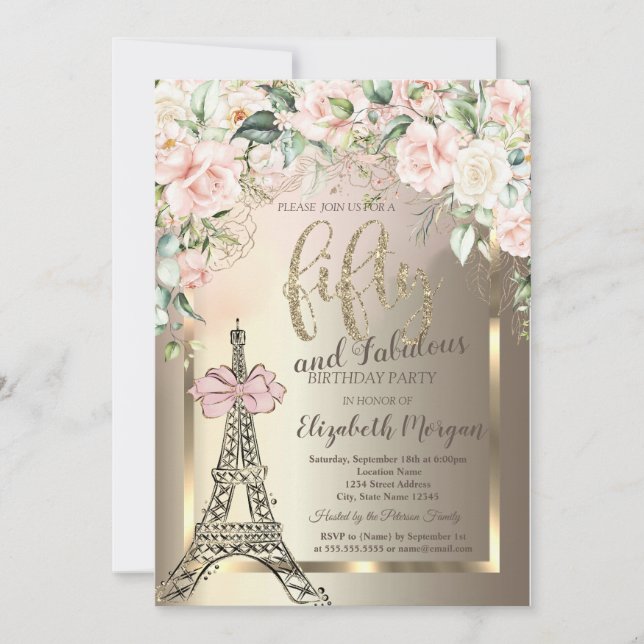 Luxury Diamonds Eiffel Tower,Pink Bow Roses 50th  Invitation (Front)