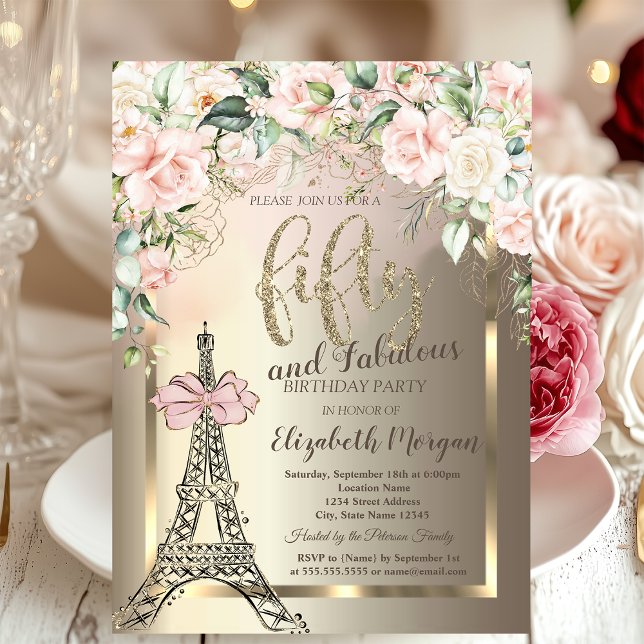 Luxury Diamonds Eiffel Tower,Pink Bow Roses 50th  Invitation (Creator Uploaded)