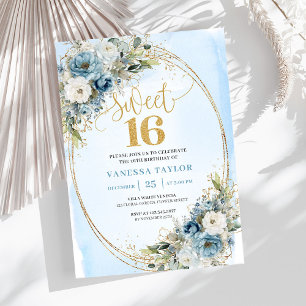 Luxury Dusty Blue Floral Sweet Sixteen Birthday  Invitation
