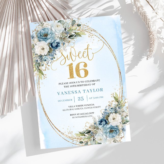 Luxury Dusty Blue Floral Sweet Sixteen Birthday  Invitation (Luxury Dusty Blue Floral Sweet Sixteen Birthday Invite)