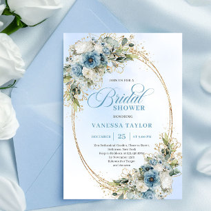 Luxury Dusty Blue Flowers Bridal Shower Invitation