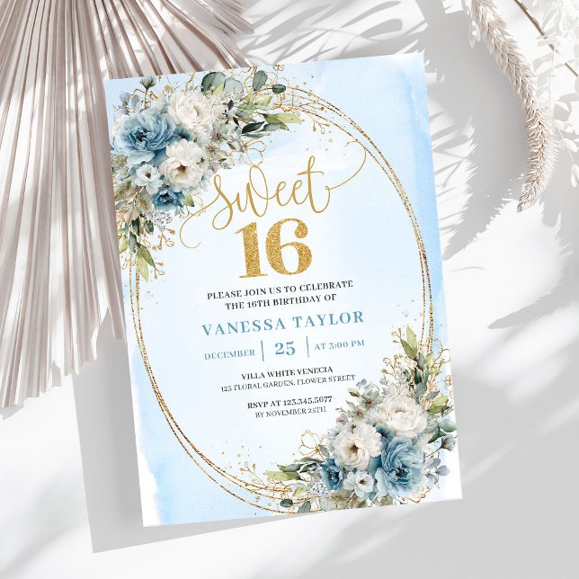Luxury Dusty Blue Greenery Sweet Sixteen Invite (Luxury Dusty Blue Greenery Sweet Sixteen Invite)
