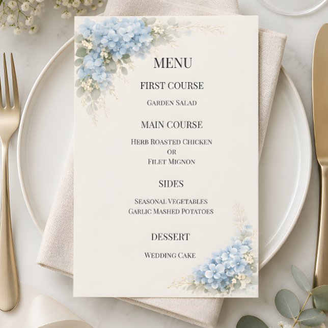 Luxury Dusty Blue Hydrangea Wedding Menu (Part of the luxury dusty blue hydrangea wedding theme, menu card)