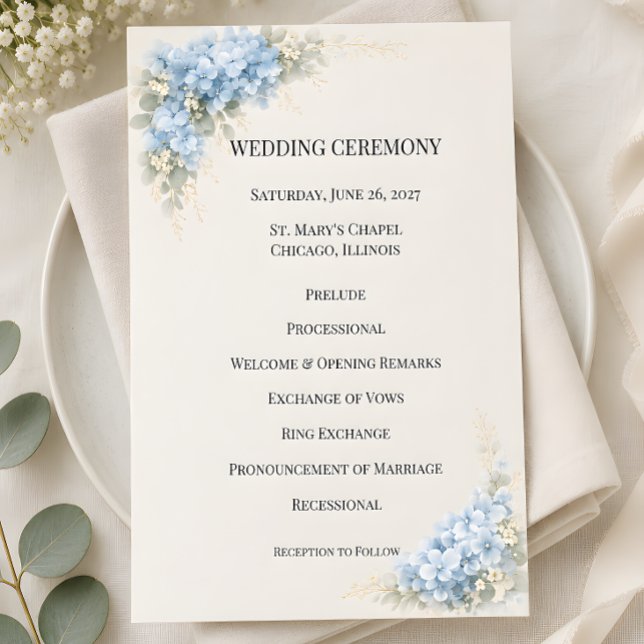 Luxury Dusty Blue Hydrangea Wedding Programme (Part of the luxury dusty blue hydrangea wedding collection, program)
